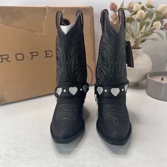 Roper Dale Faux Leather Snip Toe Heart Harness Western Boots Black Kids 10 NWB - Picture 2 of 11